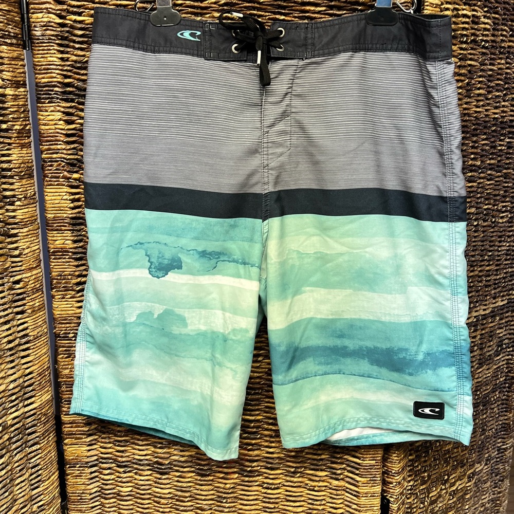 O'Neill Men's Board Shorts in Gray and Aqua, Size:34, Dirt on backside